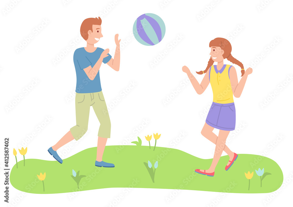 Illustration of the two children playing toy ball near the park. The best summer child s outdoor activities. Active family weekend children s games. Kids volleyball on the grass, team ball game Illustration of the two children playing toy ball near the park. The best summer child s outdoor activities. Active family weekend children s games. Kids volleyball on the grass, team ball game