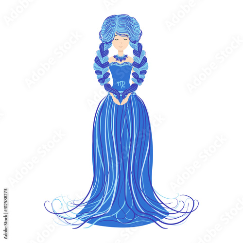 Zodiac, Virgo zodiac sign illustration as a beautiful girl with braids. Vintage zodiac boho style fashion illustration