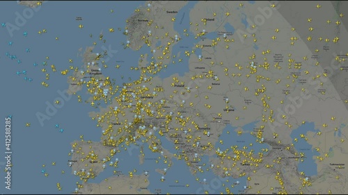 Real time view aircraft flight tracking information seen on a map. Mobile app, travel destination and tourism concept