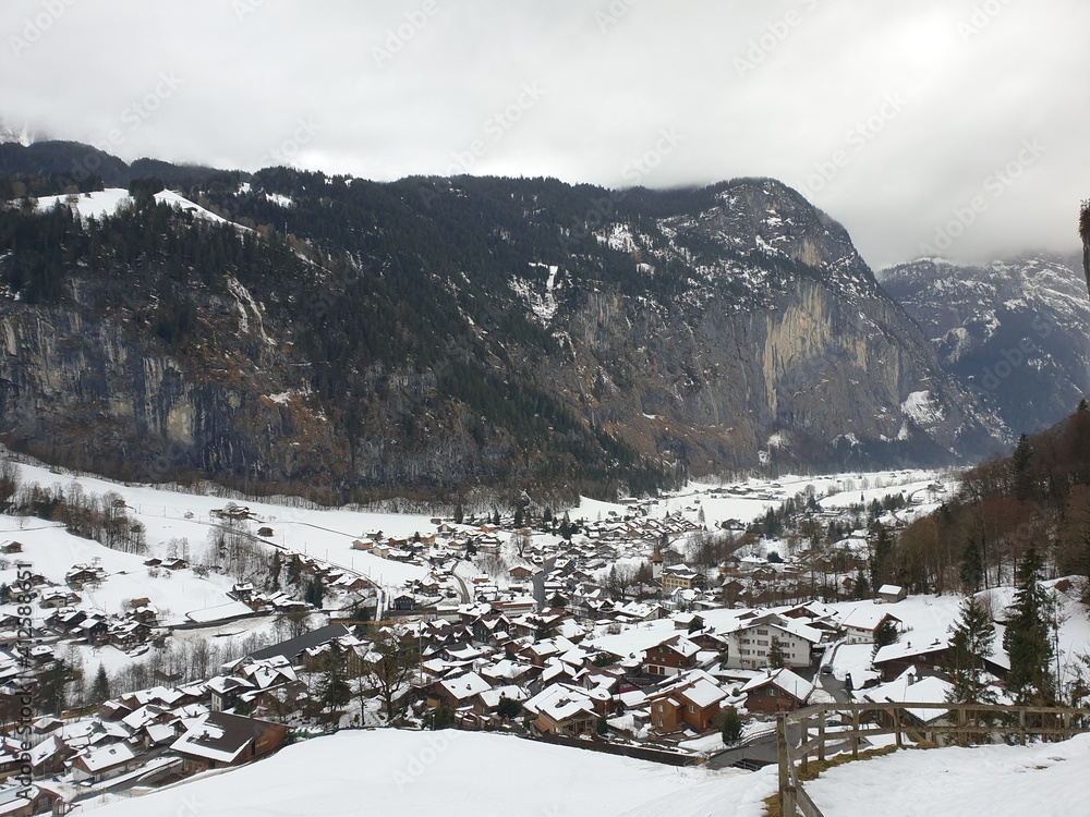 Lauterbrunnen village in the Interlaken Oberhasli district in the canton of Bern in Switzerland. Lauterbrunnen Valley in winter.