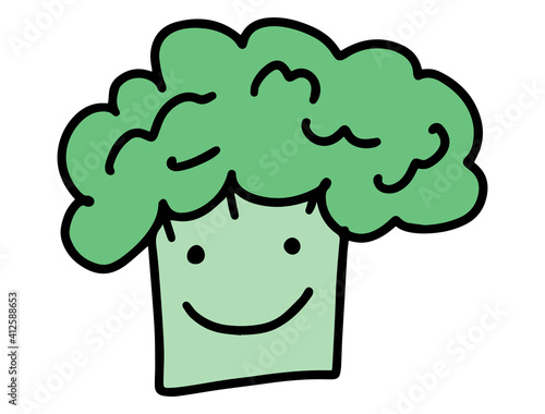 Cute Cartoon Broccoli. Hand drawn lines doodles characters. Concept of vegetables, proper nutrition, healthy eating and vegetarianism.