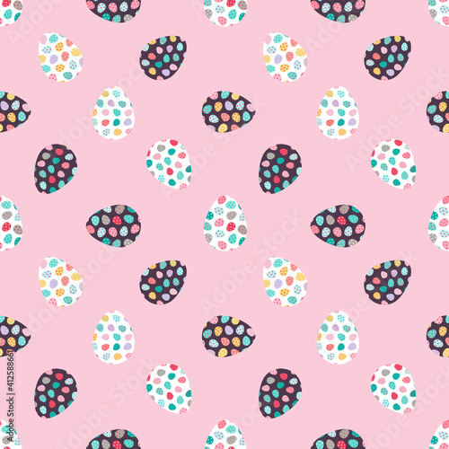 Easter eggs seamless pattern. Decorated Easter eggs on a pink background. Design for textiles, packaging, wrappers, greeting cards, paper, printing. Vector illustration