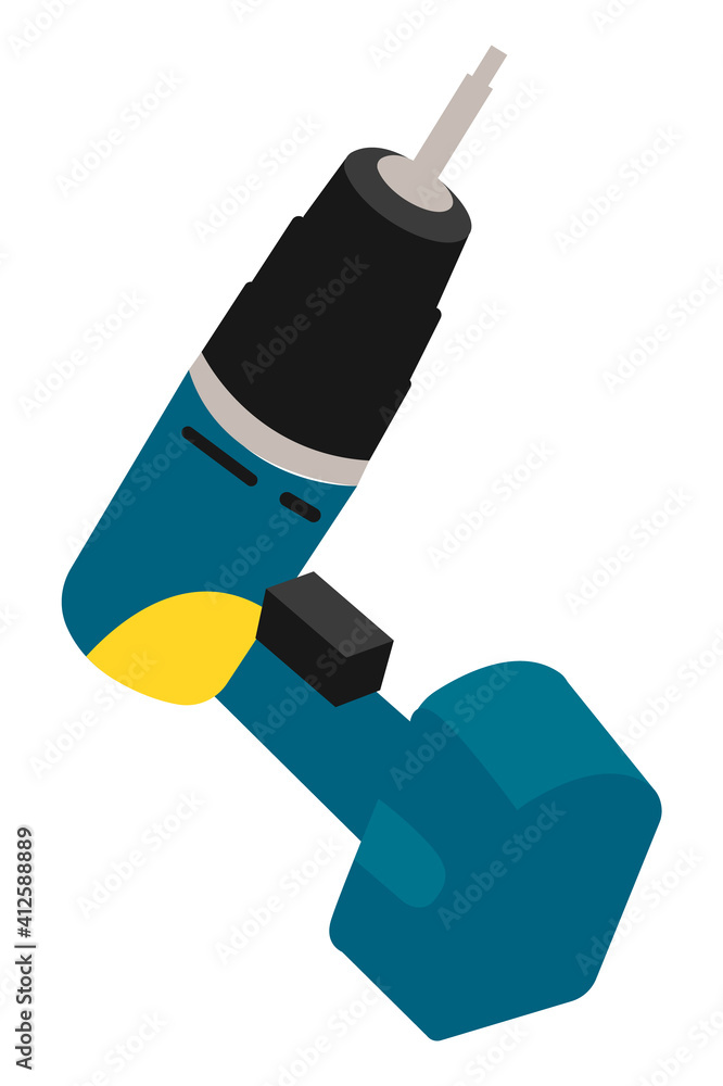 Blue drill. Electric device for the home repair. Household instrument isolated vector illustration in flat style. Screwdriver with accumulator, tool for drilling holes, equipment for construction Blue drill. Electric device for the home repair. Household instrument isolated vector illustration in flat style. Screwdriver with accumulator, tool for drilling holes, equipment for construction
