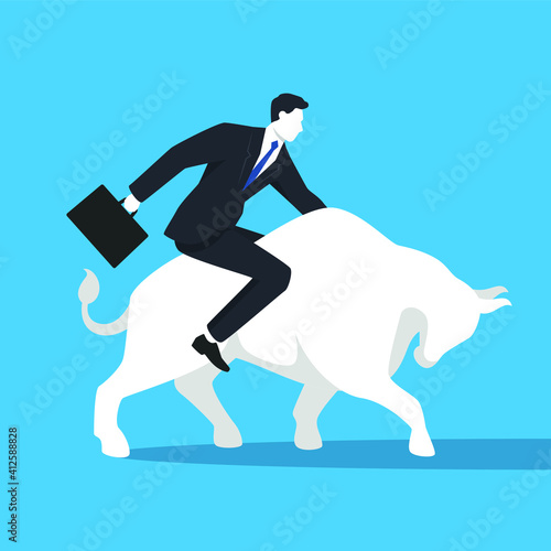 Businessman rides on bull in stock market trading concept. simple stock trading trendy flat style, stock market analysis, business and investment, stock exchange.