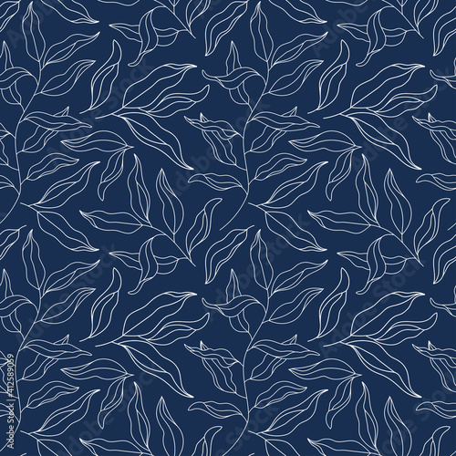 Outline Willow Tree Branch seamless pattern. Eucalyptus Leaves modern contour ornament. Line art Plant, Laurel Twig. Floral vector background, texture for textile print, scrapbooking, wrapping paper