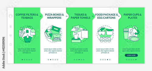 Food-spoiled paper-based waste onboarding vector template. Teabags, wrappers. Paper towels. Food package. Responsive mobile website with icons. Webpage walkthrough step screens. RGB color concept