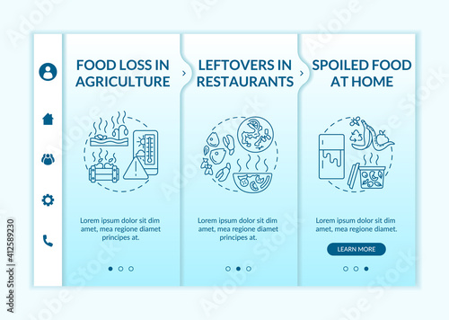 Food waste material types onboarding vector template. Food loss in agriculture. Leftovers in restaurants. Responsive mobile website with icons. Webpage walkthrough step screens. RGB color concept