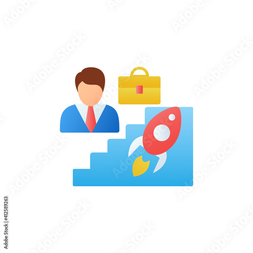 Career improvement flat icon. Personal growth concept. Self improvement and self realization. Career growth. Way to success. Business skills development. 3D color vector illustration