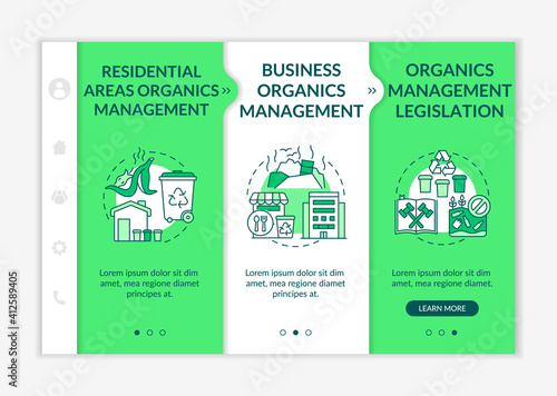 Biodegradable waste diversion initiatives onboarding vector template. Business management. Legislation. Responsive mobile website with icons. Webpage walkthrough step screens. RGB color concept