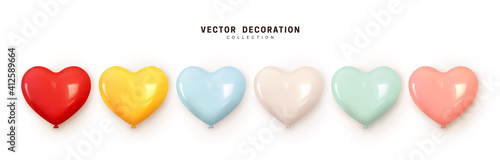Set of helium balloons. Collection of realistic ballons of heart shapes, different colors, matte and glossy shades. Festive colorful decorative 3d render object. Celebration decor. vector illustration photo