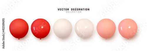 Set of helium balloons. Collection of realistic ballons of round shapes, different colors, matte and glossy shades. Festive colorful decorative 3d render object. Celebration decor. vector illustration