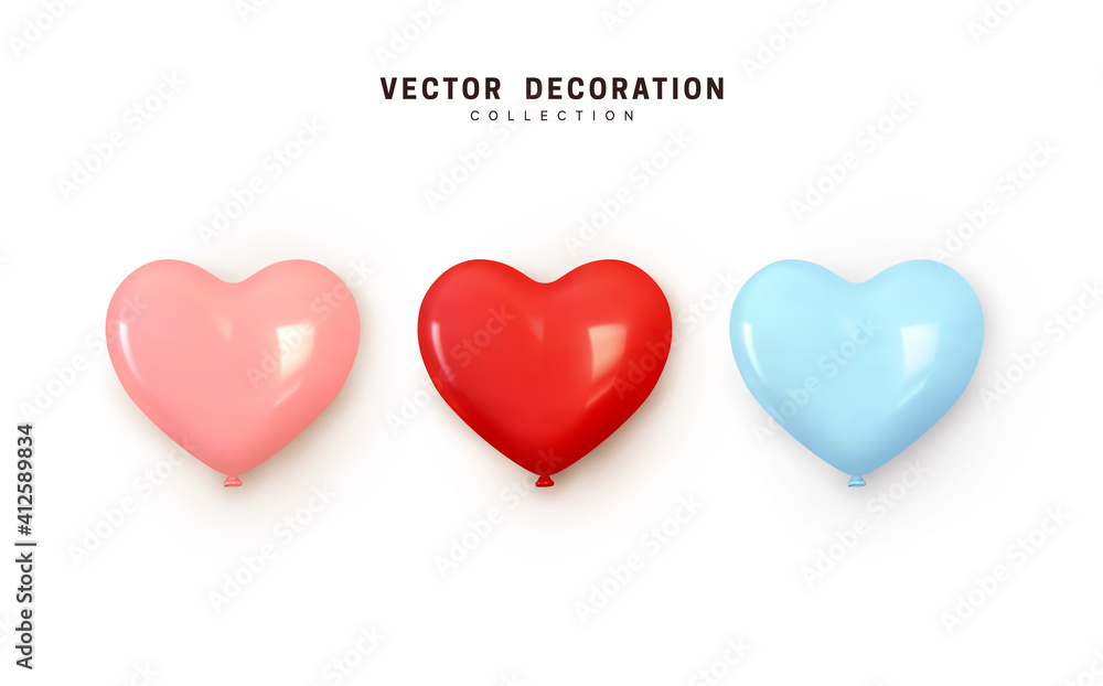 Set of helium balloons. Collection of realistic ballons of heart shapes, different colors, matte and glossy shades. Festive colorful decorative 3d render object. Celebration decor. vector illustration