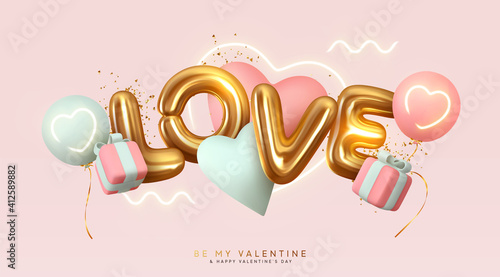 Romantic creative composition. Happy Valentine's Day. Realistic 3d festive decorative objects, heart shaped balloons and Love letter. falling gift box, glitter gold confetti. Holiday banner and poster