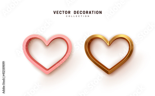 Set of hearts Metallic pink and gold color. Collection Realistic Hearts Love symbol icon. Decorative 3d render object. Celebration decor. Element for romantic design. Vector illustration