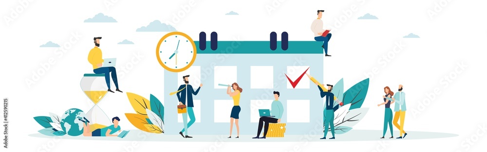 Planning for the week. human characters make up an online timetable on a tablet. design of business task schedules. Business concept. The calendar. Vector. Planning for the week. human characters make up an online timetable on a tablet. design of business task schedules. Business concept. The calendar. Vector.