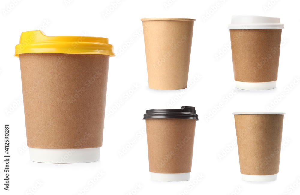Set with different paper coffee cups on white background Set with different paper coffee cups on white background