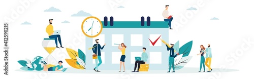 Planning for the week. human characters make up an online timetable on a tablet. design of business task schedules. Business concept. The calendar. Vector.