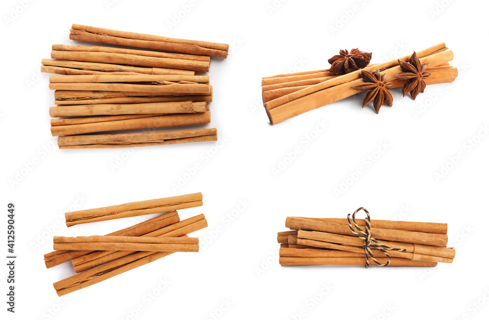 Set with aromatic cinnamon sticks on white background