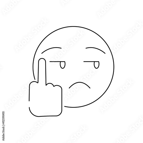Sketch of the clenched fist with lifted by a middle finger. Fuck you. Fuck off. Design for mobile and web applications, social networks. Textile print background. Line bored emoji