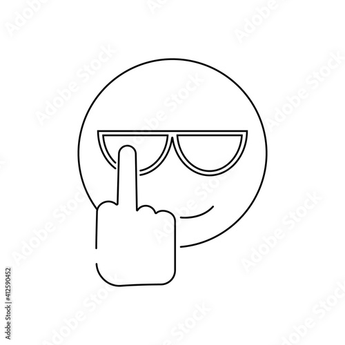Sketch of the clenched fist with lifted by a middle finger. Fuck you. Fuck off. Design for mobile and web applications, social networks. Textile print background. Line cool emoji with sunglasses