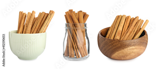 Set with aromatic cinnamon sticks on white background, banner design