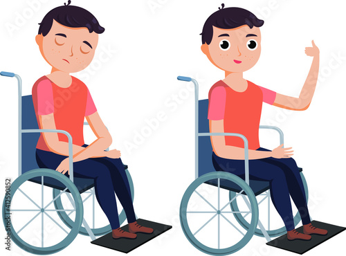 Disabled boy in a wheelchair. Set of vector images of a child with disabilities