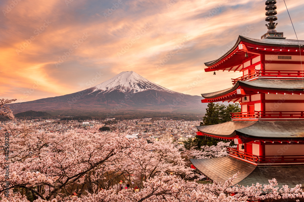 Fujiyoshida, Japan at Chureito Pagoda and Mt. Fuji in the Spring