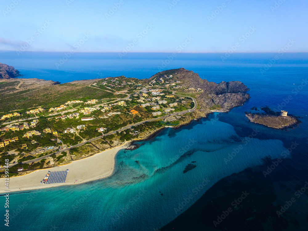 Spectacular landscape aerial view by Drone in Stintino, Spiaggia della Pelosa - Sardegna in a sunny day with blue sky and and turquoise water, Summer Season. Italian holiday.