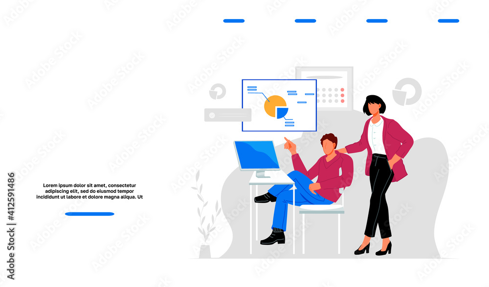 Website page template with group of business analytics studying the infographic, flat vector illustration on white background. Data analysis and finance strategy web banner. Website page template with group of business analytics studying the infographic, flat vector illustration on white background. Data analysis and finance strategy web banner.