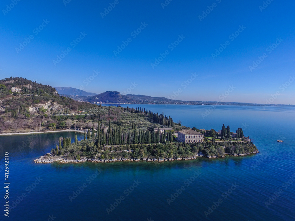 Baia delle Sirene, Punta San Vigilio - Garda Lake, Italy. Beautiful view on lake, italian summer view aerial by Drone