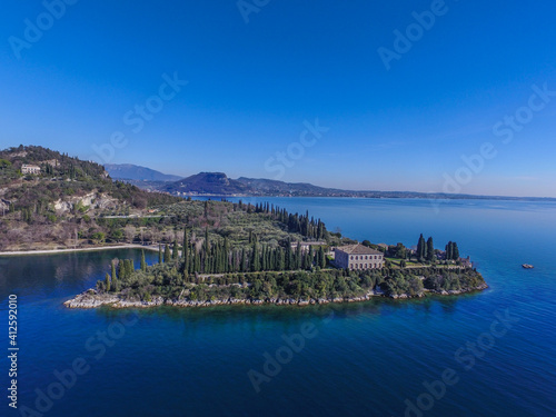 Baia delle Sirene, Punta San Vigilio - Garda Lake, Italy. Beautiful view on lake, italian summer view aerial by Drone