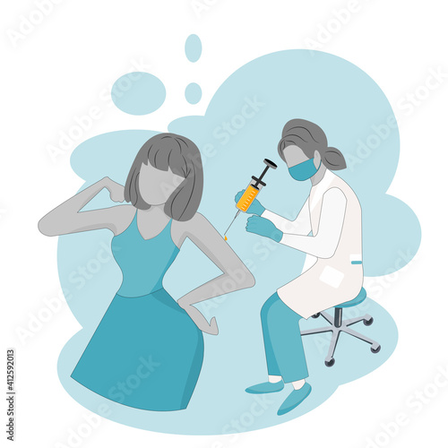 Cartoon of Coronavirus vaccination, doctor injecting a patient, getting first shot of covid vaccine in arm muscle. Medical doctor in protective suit and mask, process of immunization against covid-19