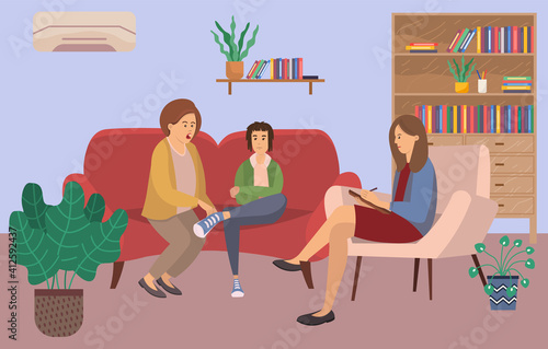 Conversation between mother, teenager and female psychologist or psychotherapist makes notes in a notebook. Family psychotherapy, psychotherapeutic aid for children with mental emotional problems