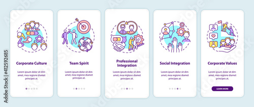 Worker adaptation elements onboarding mobile app page screen with concepts. Work in team. Corporate culture walkthrough 5 steps graphic instructions. UI vector template with RGB color illustrations