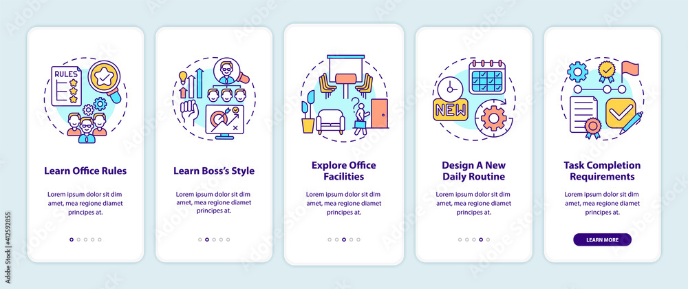 Newbie adaptation tips onboarding mobile app page screen with concepts. Entering workplace. Responsibilities walkthrough 5 steps graphic instructions. UI vector template with RGB color illustrations