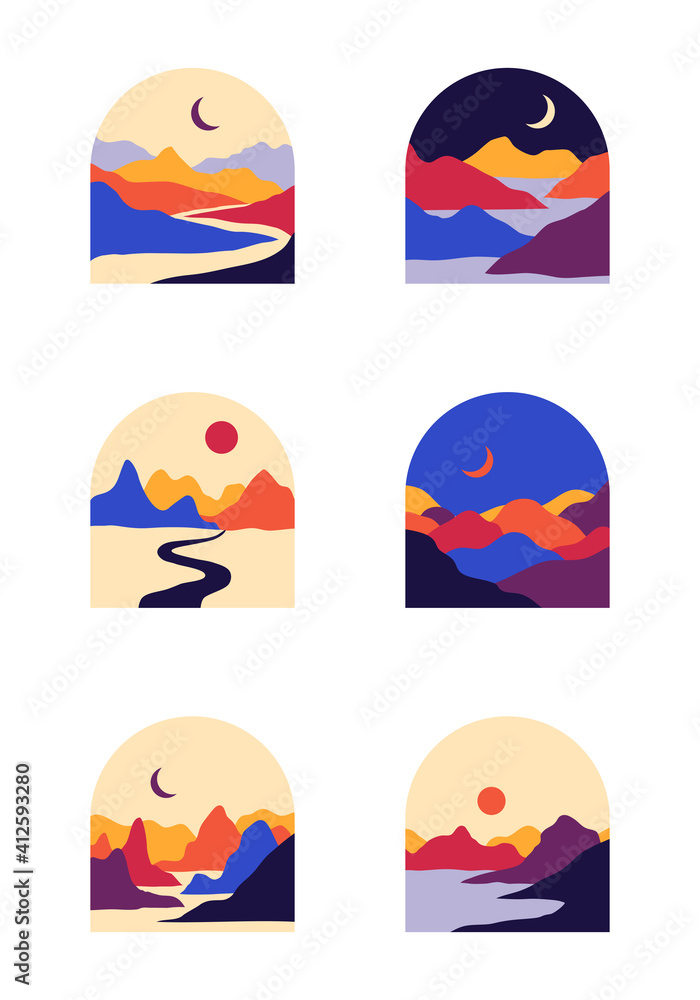 Vector abstract contemporary aesthetic set of backgrounds landscapes with mountains, roads, sunrise, sunset. Boho wall print decor, stickers in flat style. Mid century modern minimalist art, design