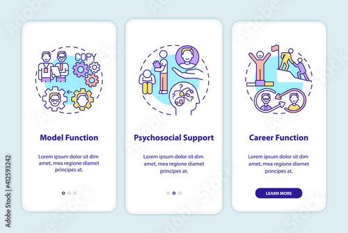 Worker adaptation functions of mentor onboarding mobile app page screen with concepts. Develop skills. Career walkthrough 3 steps graphic instructions. UI vector template with RGB color illustrations