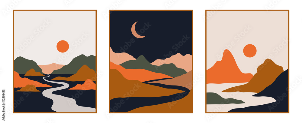 Vector abstract contemporary aesthetic set of backgrounds landscapes with mountains, roads, sunrise, sunset. Boho wall print decor in flat style. Mid century modern minimalist art and design