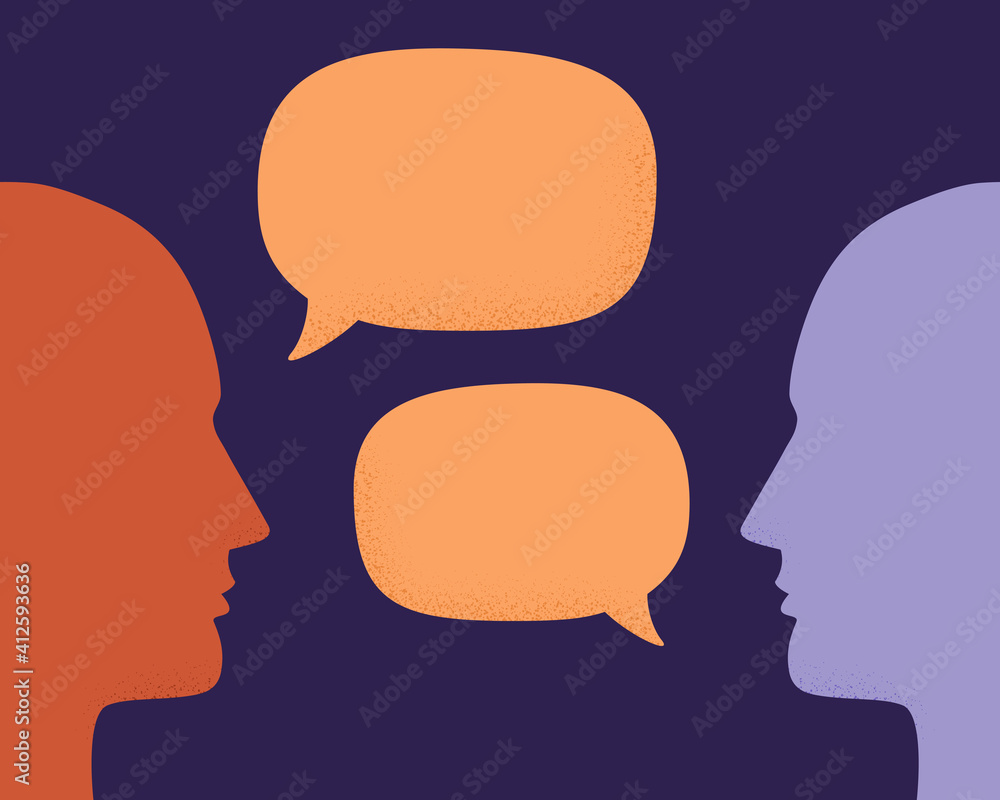 Vector illustration of two human heads silhouette talking through speech bubbles. Concept of communication, dialogue, chat, conversation, meeting, arguing, listening. Vector illustration of two human heads silhouette talking through speech bubbles. Concept of communication, dialogue, chat, conversation, meeting, arguing, listening.