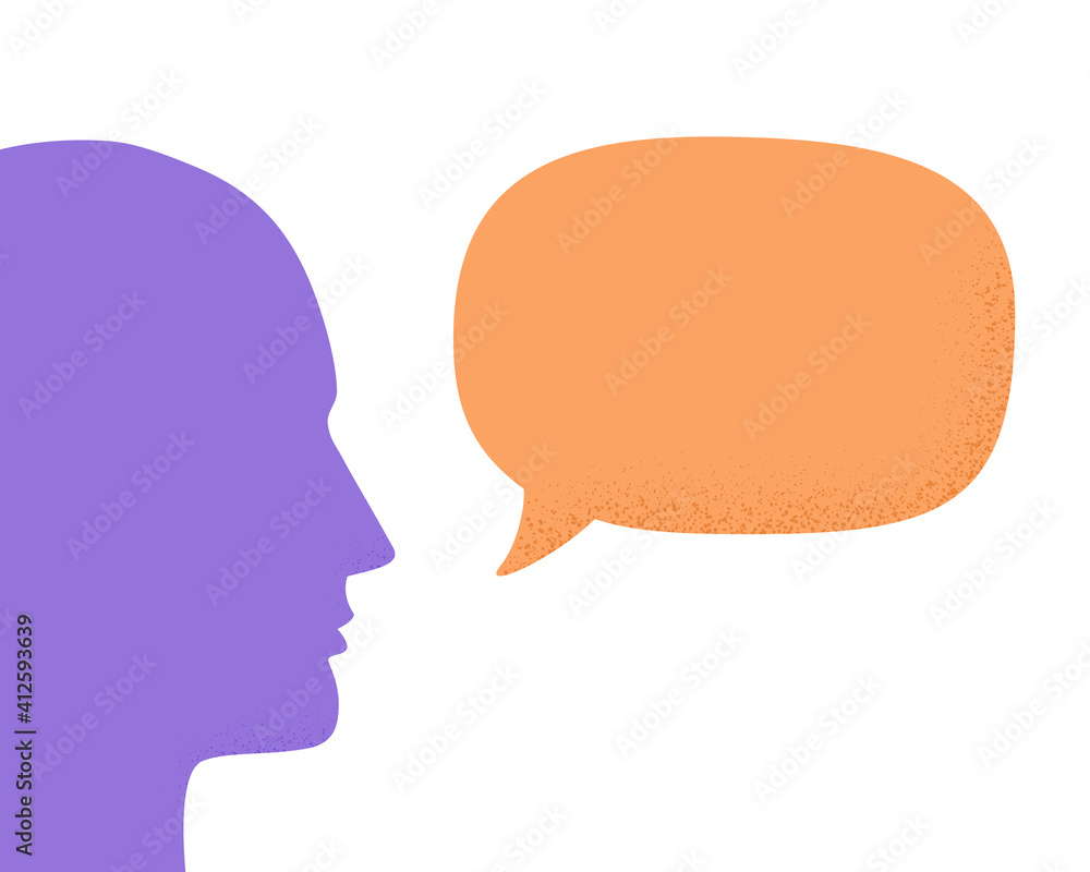 Vector illustration of human head silhouette talking through speech bubble. Concept of communication, dialogue, chat, conversation, meeting, arguing, listening. Isolated on white background