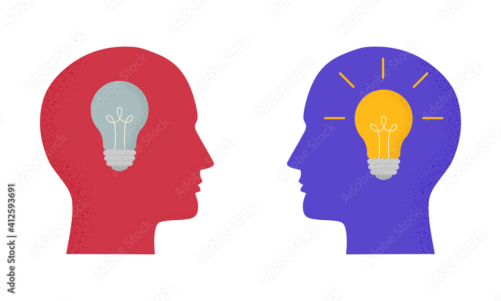Vector illustration with two human heads and light bulbs on and off. Trendy concept of business, thinking, creativity, finding solution, idea. Symbol, icon with modern grain shadow Vector illustration with two human heads and light bulbs on and off. Trendy concept of business, thinking, creativity, finding solution, idea. Symbol, icon with modern grain shadow