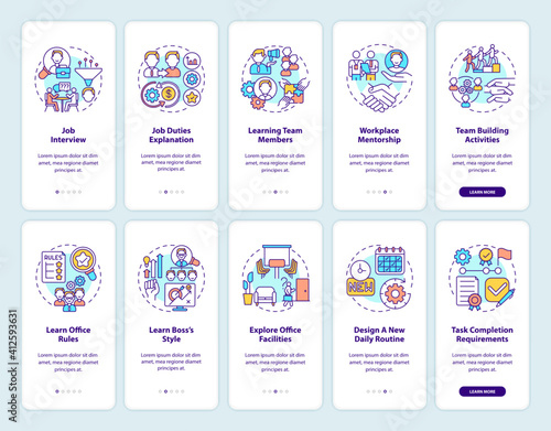 Team building activities onboarding mobile app page screen with concepts set. Task requirements walkthrough ten steps graphic instructions. UI vector template with RGB color illustrations