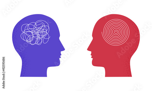 Vector illustration with two human heads with messy complicated line and orderly round element. Isolated on white background. Concept of solving problem, situation, chaos and mess, psychotherapy