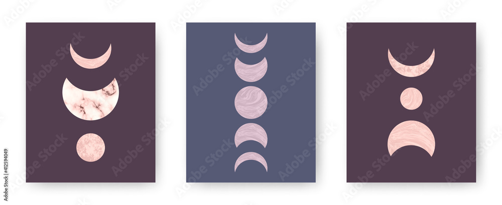 Vector set with trendy set of printable cards with boho mid century stone and marble textured shapes of moon, planets. Abstract contemporary aesthetic backgrounds with geometric elements