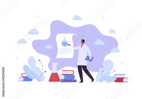Genetic research and medical study concept. Vector flat character illustration. Dna helix biotechnology symbol. Male african american doctor make report. Laboratory equiplment, book and lab tube.