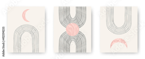 Vector set with trendy set of printable cards with boho mid century stone and marble textured shapes of moon, planets and lines. Abstract contemporary aesthetic backgrounds with geometric elements