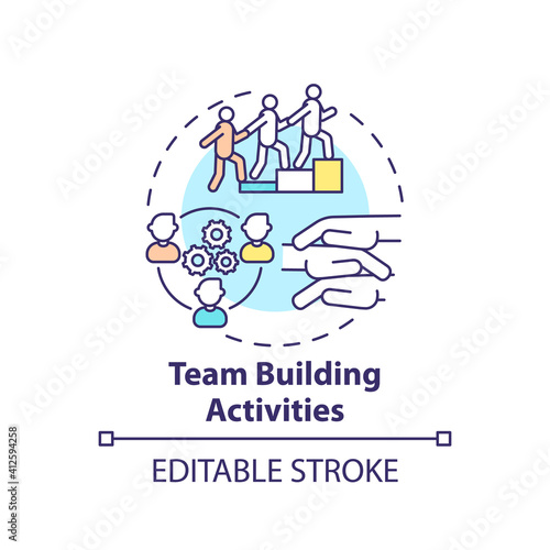 Team building activities concept icon. Worker adaptation stages. Teamwork, collaboration idea thin line illustration. Communication skills. Vector isolated outline RGB color drawing. Editable stroke