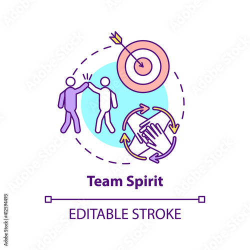 Team spirit concept icon. Work together idea thin line illustration. Worker adaptation elements. Feelings of partnership members of group. Vector isolated outline RGB color drawing. Editable stroke