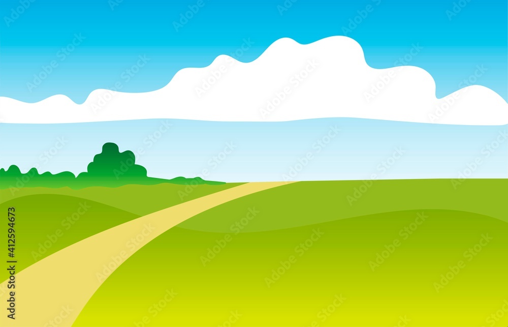 Simple bright color vector drawing in cartoon style. Spring summer landscape, green grass, road, blue sky, clouds. Rural, suburban nature.