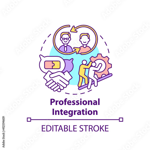 Professional integration concept icon. Worker adaptation elements. Process of integrating idea thin line illustration. Work environment. Vector isolated outline RGB color drawing. Editable stroke